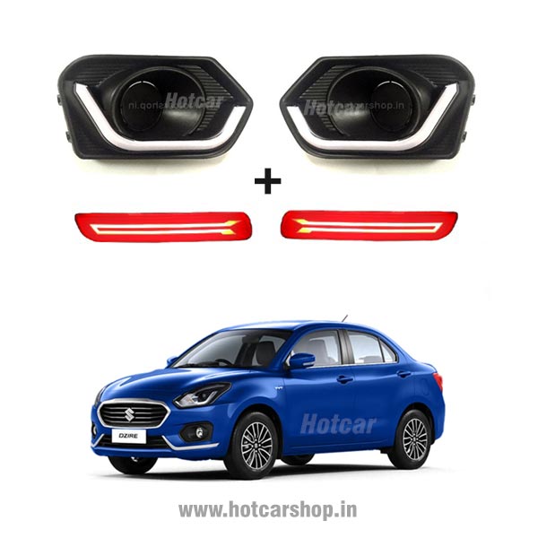 Dzire 2017 - Combo of 5 Products - Fog Light DRLs, LED Reflectors, LED Sill Plates, Atmosphere Lights & Scotch Locks