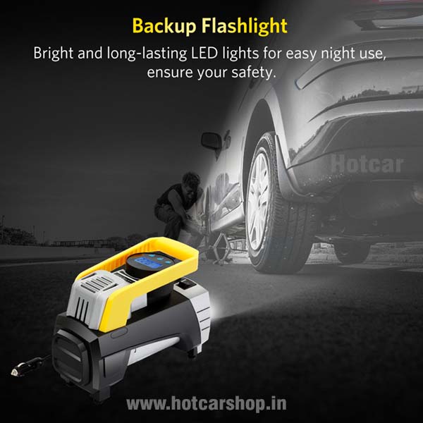 Hotcar Heavy Duty Tyre Inflator with Flashlight - With One Year Warranty